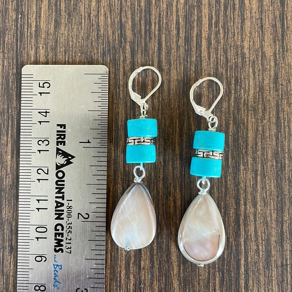 HAND CRAFTED EARRINGS Turquoise Rondelles “Greige” Mother of Pearl Teardrops - Picture 3 of 12
